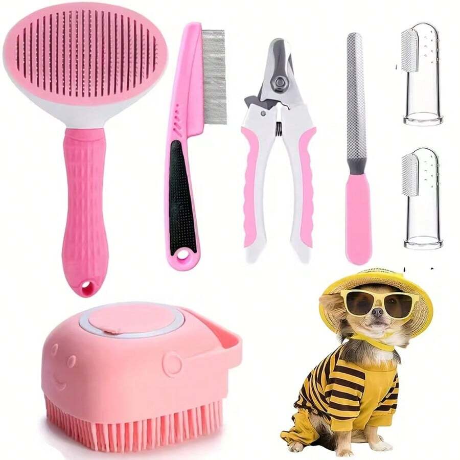 Luxury Pet Grooming Kit: Dog Brush, Flea Comb, Dog Washing Brush, Pet Nail Clippers, Dog Toothbrush Set - Essential Tools For Your Beloved Pet To Happily And Healthily Self-Groom, Trim Nails, Maintain Coat, And Clean Teeth - Pink - View 1