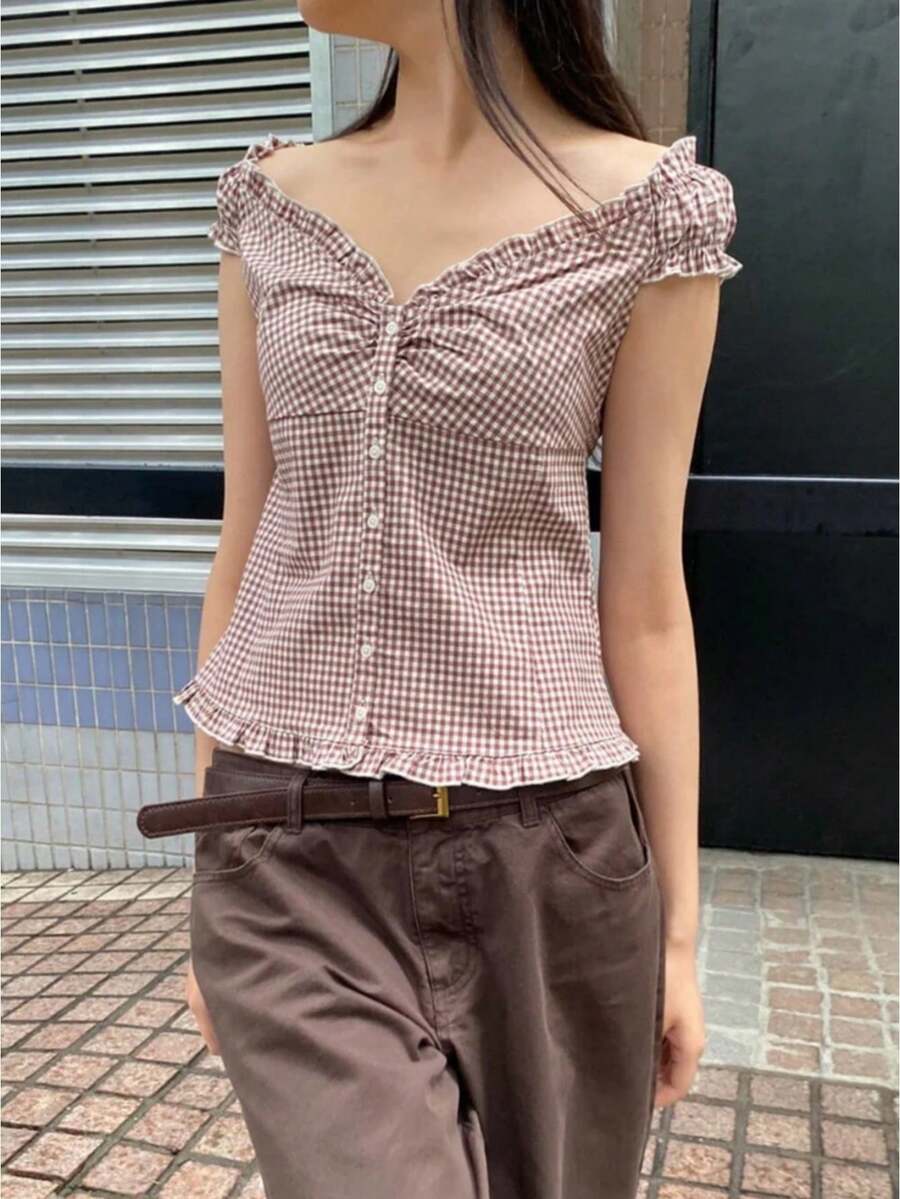 Women's Gingham Plaid Off Shoulder V Neck Short Sleeve Button Front Fitted Waist Peplum Top Ruffle Trim Crop Tops - Màu Khaki - Xem 1