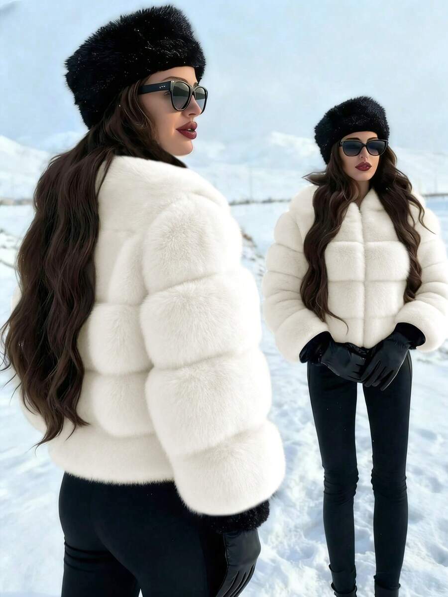 Women's Elegant Slim-Fit Lightweight Faux Fox Fur Jacket, Short Sleeve Luxury Faux Fur Coat, New European And American Hot Selling, Winter - White - View 1