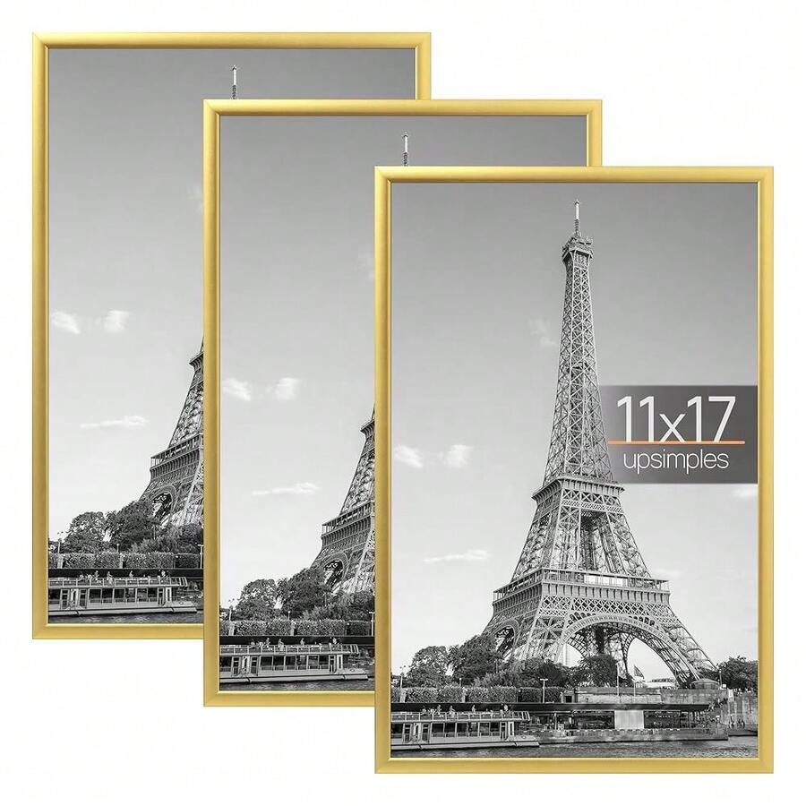 Upsimples 11x17 Picture Frame Gold 3 Pack, Scratch-Proof 11 X 17 Poster Frames For Photo Gallery - Slide-In Strips, Horizontal Or Vertical Wall Mounting - Gold - View 1
