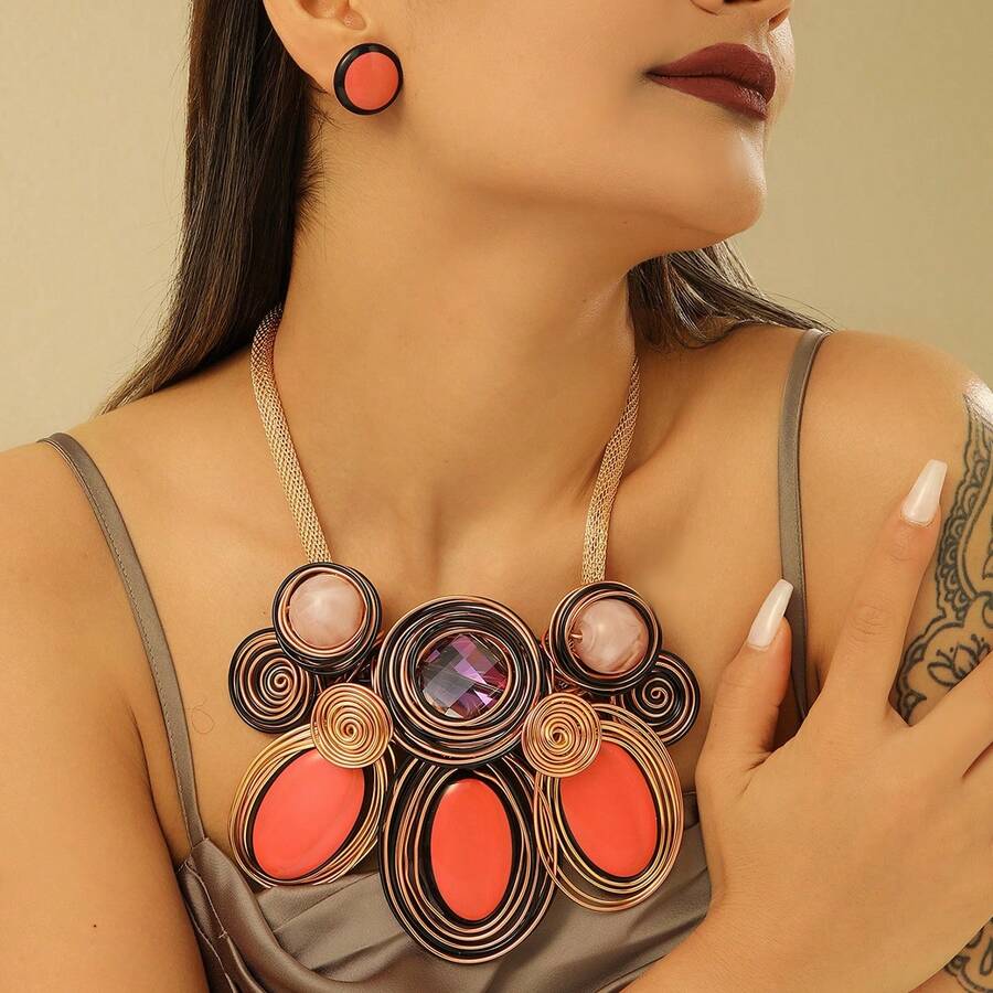 Exaggerated Multi-Layer Handmade Heavy Aluminum Wire Woven Resin Chain Bohemian European And American Middle Eastern European Korean Version Evening Party Holiday Women's Fashion Beautiful Retro Teardrop Necklace Earrings - Coral Red - View 1