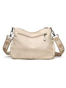 Bolso bandolera de mujer de unicolor con múltiples bolsillos, mochila de tela suave para mediana edad, nuevo estilo de primavera/otoño con decoración metálica, bolso de hombro sencillo - Blanco - Ver 8