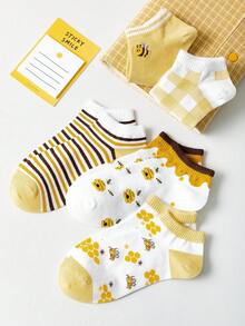 5 piezas Nuevos calcetines cortos de mujer estilo INS 2026, calcetines cortos versátiles con estampados de rayas, frutas, flores, abejas, ciervos, helados, calcetines cortos de unicolor a rayas, accesorios de moda cómodos y casuales - Multicolor - Ver 10