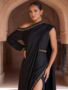 奢华亮片点缀黑色长款晚礼服，高开衩设计，阿拉伯风格长袍，卡夫坦长袍，端庄优雅长袍，女士阿拉伯连衣裙，派对礼服，婚礼宾客礼服，正式礼服