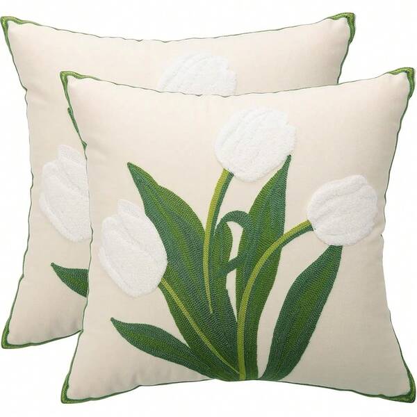 Tosleo Embroidery Throw Pillow Covers 18x18 Inch Pack Of 2 White Tulip Flower Pillowcases Spring Pillow Covers For Couch Cotton Canvas Cushion Cover Square Farmhouse Floral Decor Pillow Case
