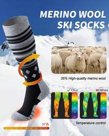 Merino Wool Unisex Ski Socks - Thick Knee High Thermal Snowboarding Socks, Moisture-Wicking Cushioned Winter Socks, Warm Outdoor Skiing Socks With Exquisite Gift Box, Ideal For Men Women Winter Sports, Perfect Christmas Winter Gift - 黑色 - 查看 3