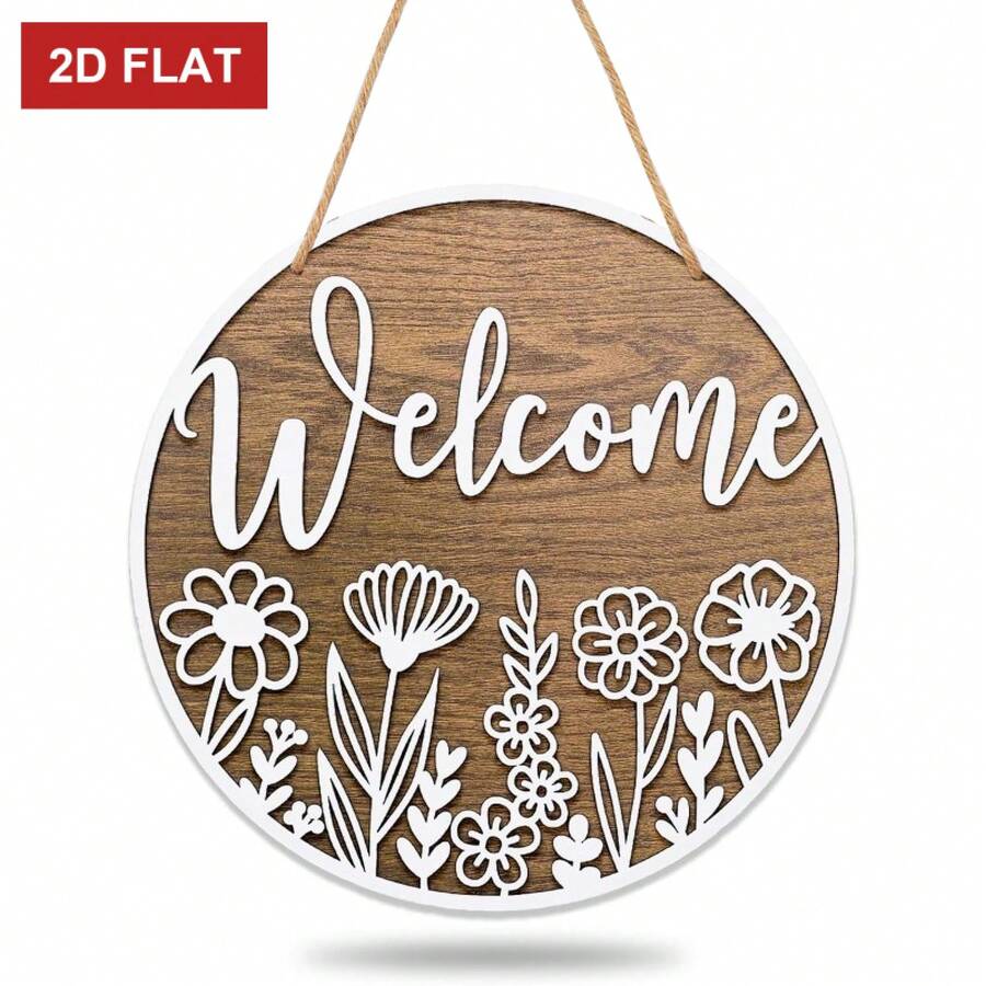 2D Flat White Wildflower Welcome Door Sign - Floral Wooden Hanging Decoration With "Welcome" Words, 9.2x9.2inch Farmhouse Porch Decoration, Suitable For Indoor/Outdoor, Farmhouse Decoration, Indoor And Outdoor Decoration, Country Decoration, Durable Decoration - 彩色 - 查看 1