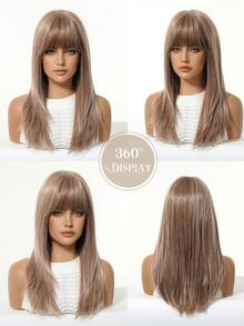 18英寸金色假发，女士自然逼真合成假发，带刘海，中长直发，适合日常佩戴和派对场合 - 彩色 - 查看 5