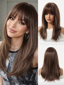 18英寸金色假发，女士自然逼真合成假发，带刘海，中长直发，适合日常佩戴和派对场合 - 彩色 - 查看 12