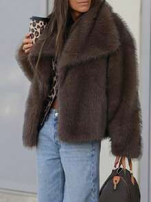 TRAFZA Women's Faux Fur Elegant Jacket, Casual Luxury Solid Color Coat, Warm Loose Women's Fashion Street Style Long Sleeve Jacket - Brown - View 7