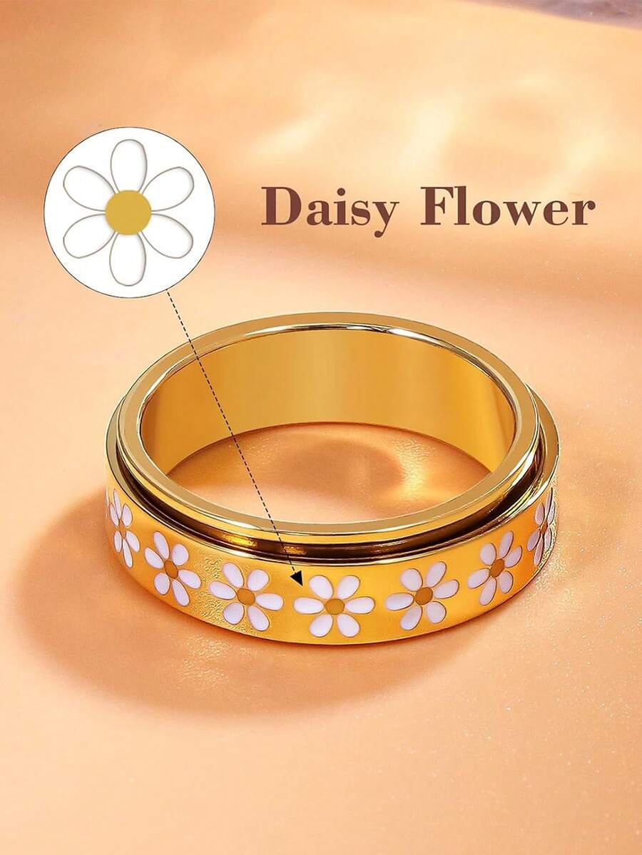VJS Nhẫn hoa xoay mạ vàng 18K, phụ kiện trang sức bằng thép không gỉ, nhẫn hoa cá nhân hóa phù hợp cho nữ, món quà ý nghĩa cho sinh nhật, ngày Valentine, cỡ 6-10. - Nhẫn xoay Daisy - Xem 1