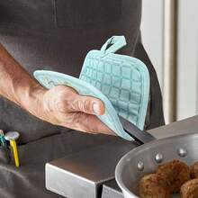 Pot Holders Set Of 3 Silicone Printing Non Slip Heat Resistant, Yarm-Dyed Hot Pads Cotton Home Kitchen CooFKing Barbecue Microwave Women Men Machine Washable BBQ Grilling. (Light Blue Potholders),LightBlue - LightBlue - 查看 4