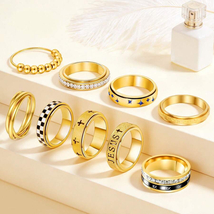9pcs Anxiety Relief Rings, Unisex Bead, Cross, Spinning Rings For Stress Reduction - 9-piece Ring Set - View 1