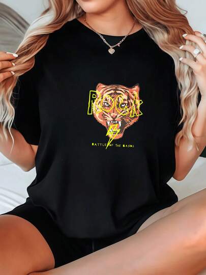 Camiseta Oversize de Talla para Mujeres Opciones en Blanco y Negro Impresión Gráfica de Tigre Rock Batalla de los Bahns Estilo Vintage Top Casual de Verano para Mujeres Camisetas Tops de Verano Camisetas Gráficas Atuendos de Verano para Mujeres Camisetas Gráficas Tops Cortos para Mujeres Tops para Mujeres Vintage Algodón Ropa Linda para MujeresLeisure
