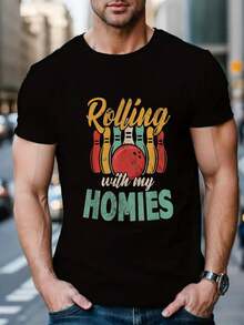 100% Cotton Rollin With My Homies Retro Bowling T-Shirt Women's Men's Black Vacation Crew Neck Short Sleeve Classic Fit Holiday T-Shirt Summer Tee - màu đen - Xem 5