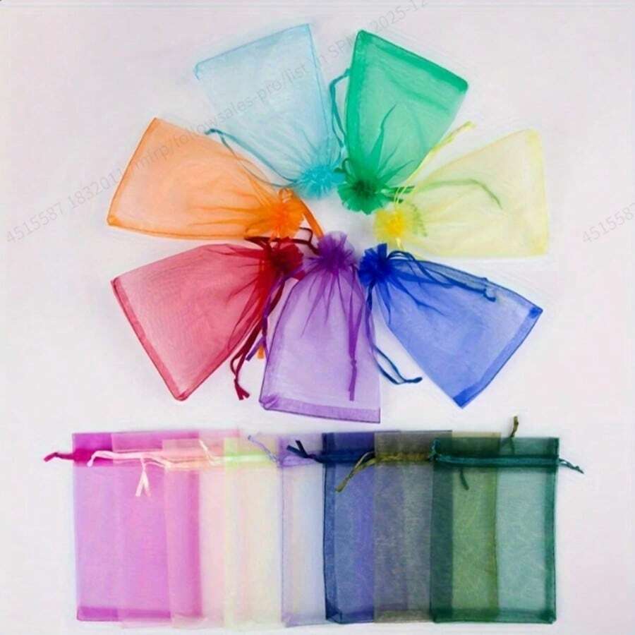 50个彩色透明欧根纱礼品袋 - 抽绳封口，色彩鲜艳混色 - 12种颜色，非常适合装珠宝、糖果、礼物，也适用于婚礼、情人节、圣诞节、母亲节、斋月、开斋节等庆祝活动。 - 彩色 - 查看 1