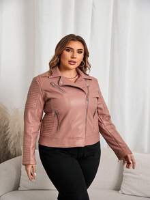 Women's Plus Size Street - Style Faux Leather Moto Jacket - Short PU Coat With Lining & Pockets, Casual Edgy Urban Wear Spring - Hồng - Xem 4