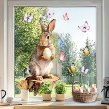 1pc Cute Rabbit Sitting On Log Window Sticker, Includes Easter Egg & Butterfly Patterns, Removable DIY Decal, Suitable For Spring Easter Bedroom, Living Room, Balcony And Shop Window Decoration - Multicolor - View 1