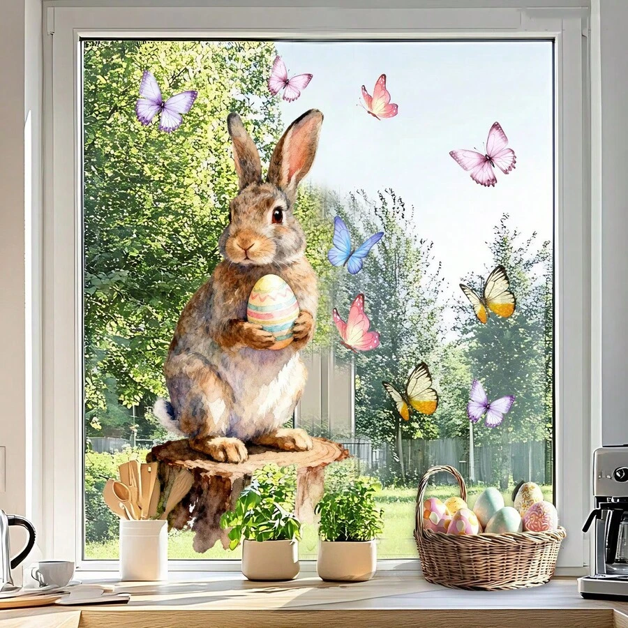 1pc Cute Rabbit Sitting On Log Window Sticker, Includes Easter Egg & Butterfly Patterns, Removable DIY Decal, Suitable For Spring Easter Bedroom, Living Room, Balcony And Shop Window Decoration - Multicolor - View 1