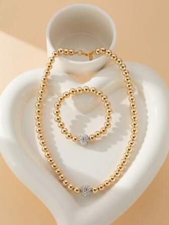2pcs/Set European & American Fashion Faux Pearl & Round Rhinestone Beaded Necklace & Bracelet Set, Elegant & Chic Jewelry Set For Women