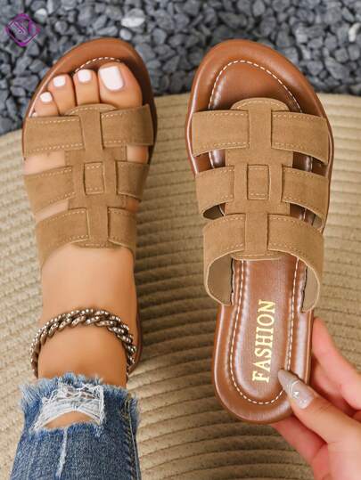 Women's Comfortable Elegant Wide Fit Flat Sandals, Outdoor Casual Versatile Slip-On Lightweight Sandals With Criss-Cross Woven Accent, Solid Color Simple Beach Flat Sandals