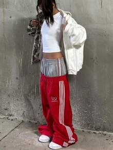 Y2K Oversized Wide Leg Track Pants - Striped Graphic Streetwear - Đỏ - Xem 4