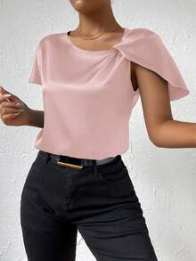 Women's Summer Solid Color Crepe Asymmetric Neck Twist Shoulder Blouse - Baby Pink - View 5