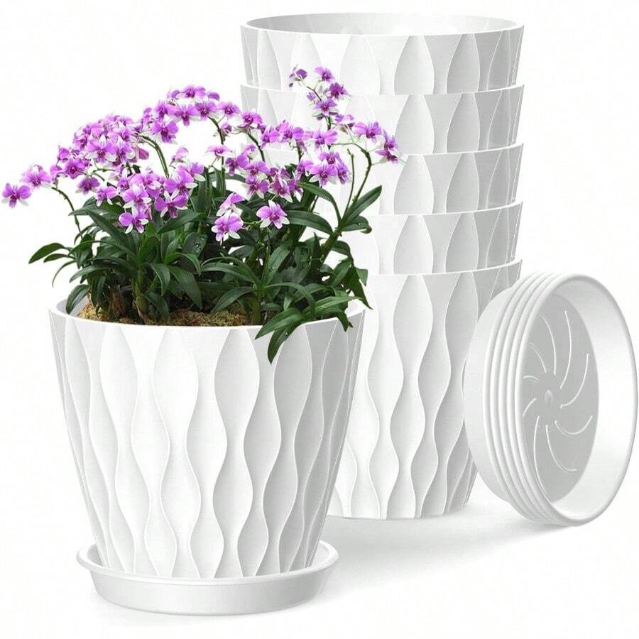 Inch Plant Pots 5 Pack, Flower Planters With Drainage Holes And Trays, Plastic Pots Indoor Outdoor Plants, White - 白色 + 6英寸 - 查看 1