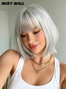 NICKY WALL Elegant 12 Inch Short Straight Wigs For Women Light Grey Bob Wigs With Bangs, High Density Fluffy Synthetic Heat Resistant Fiber Hair Wig For Daily Party Use - 淺灰色 - 查看 1