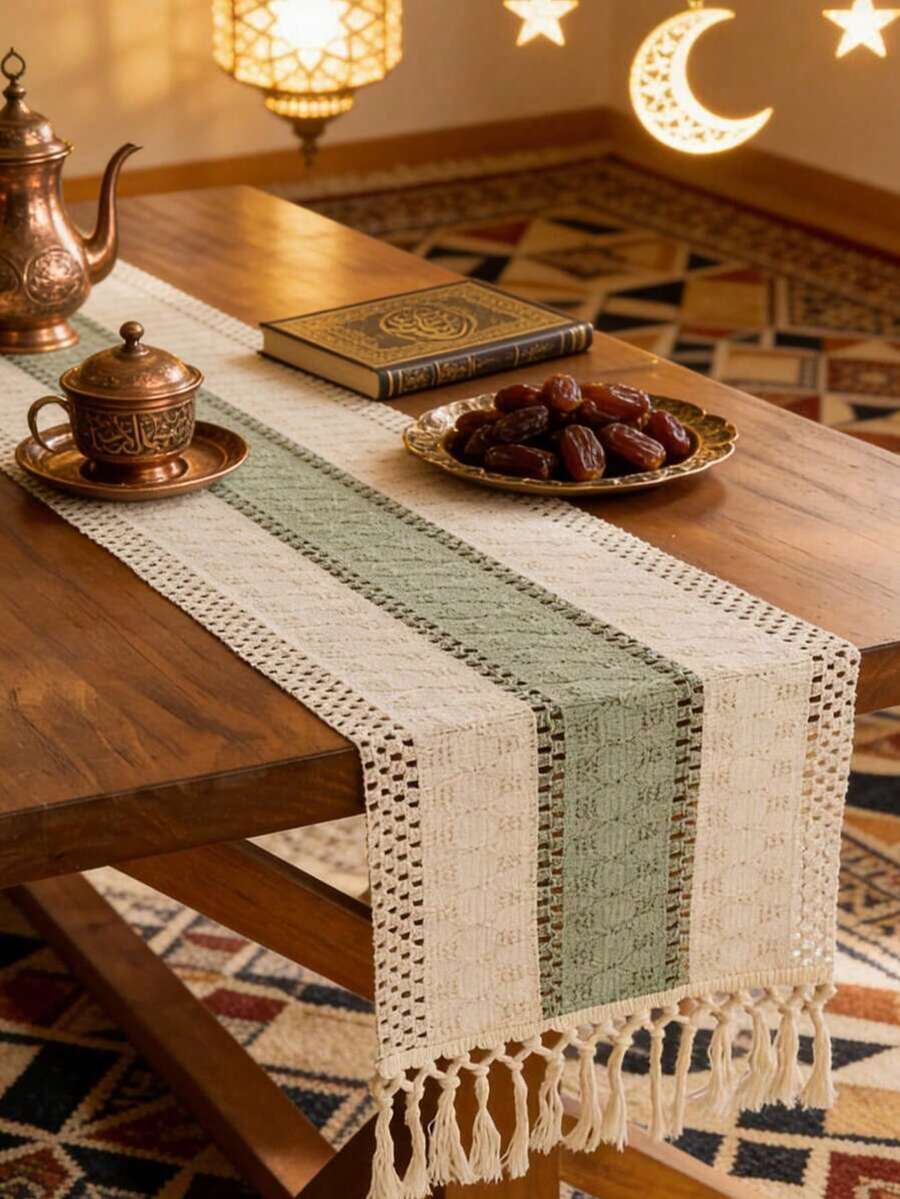 Boho Style Table Runner, Home Decor, Farmhouse Rustic Table Runner, Cream And Brown Tassel Woven Table Runner, Suitable For Boho Restaurant, Bedroom Decor, Rustic Bridal Shower