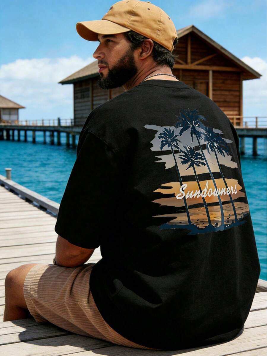 Men's Round Neck Landscape & Letter Print Casual Versatile Daily Wear Short Sleeve T-Shirt - Black - View 1