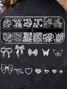 1 Box Nail Art Charms, Featuring Golden Metal Rivets, With Hollow Heart And Bow Designs, Moon, Star, For DIY Nail Decoration And Jewelry Crafting, For A Japanese-Style Manicure, And Includes Unscented Nail Rivet Accessories. - Silver - View 10