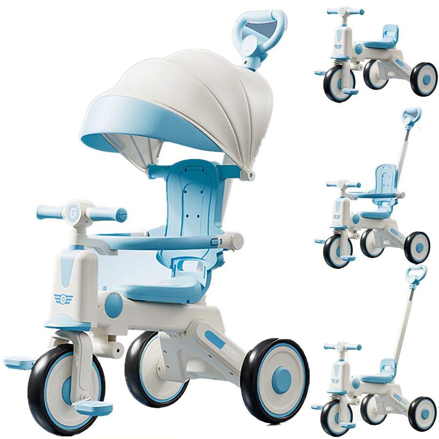 Triciclo para bebés con asa de empuje ajustable para padres, luz musical, toldo plegable, triciclo para niños pequeños de 18 meses a 5 años, niños y niñas - Azul - Ver 1