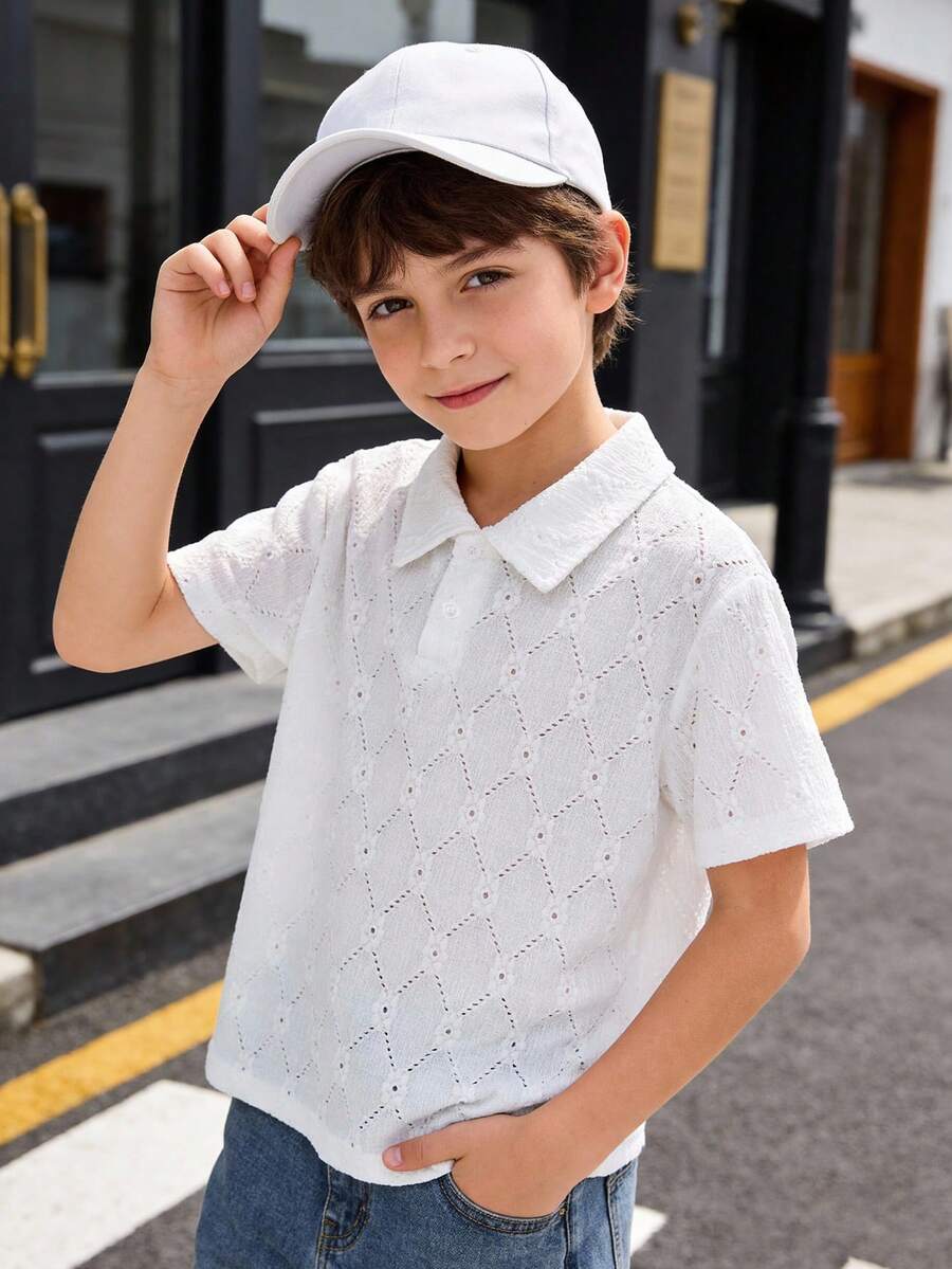 青少年男童休闲街头风学院风几何菱形图案提花面料Polo衫，白色，春夏款 - 白色 - 查看 1