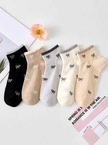 1/5 Pairs Women Cute Breathable Bow Decor Short Socks, Minimalist & Comfortable, Suitable For Casual Daily Wear In Autumn/Winter, Versatile, Fashionable Ins Style, Essential For Outfits, Indoor & Outdoor, Interesting Socks For Valentine's Day, Holiday Gifts, Photo Shoots