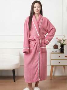 1pc Long Soft Comfortable Purple Bathrobe With Trim, Suitable For Home, Hotel, Spa, Pool, Personal Use Or Gift - Purple - View 6