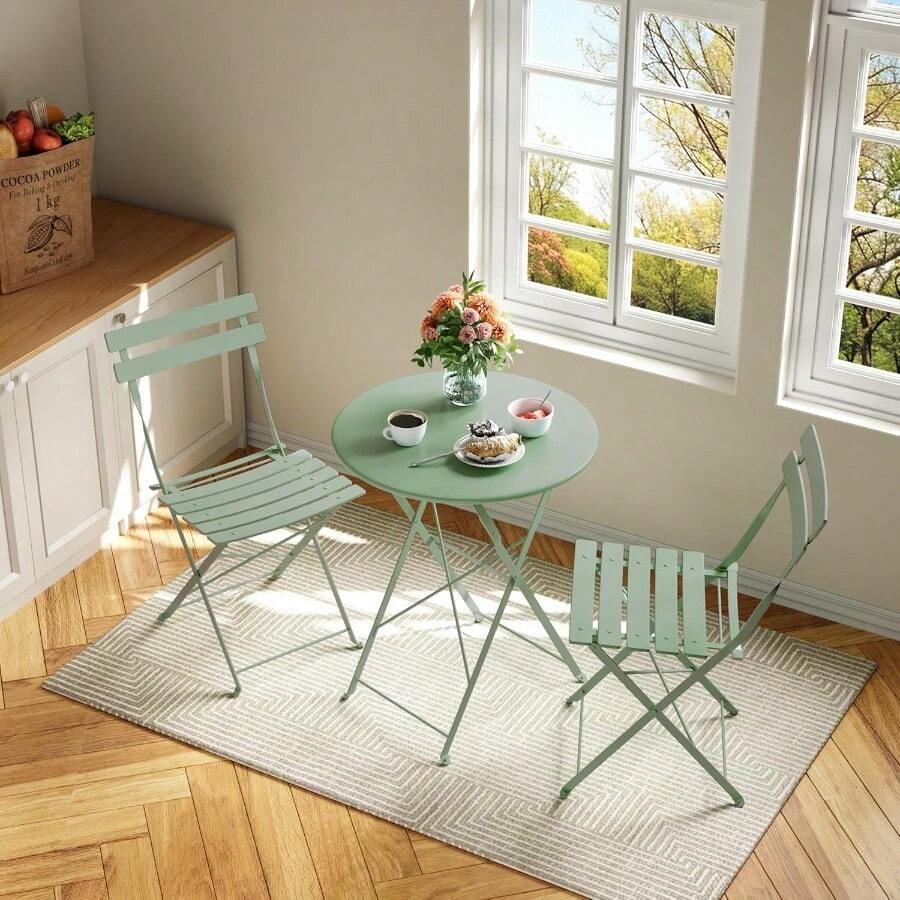 Bistro Table And Chairs Set Of 2, 3 Piece Outdoor/Indoor Folding Patio Bistro Sets, 2 Chair Patio Furniture Set With Table, Premium Frame Foldable Coffee Tables For Balcony, Yard, Garden, Green - màu xanh lá - Xem 1