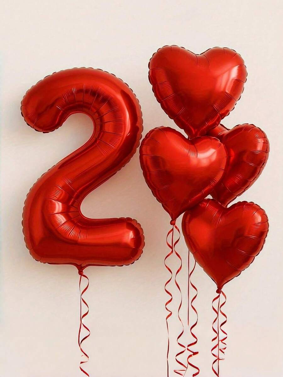 7pcs/Set 40-Inch Red Foil Number Balloons, Optional 18-Inch Heart Shaped Balloons - Perfect For Valentine's Day/Birthday/Wedding Decor, Room Backdrop And Anniversary Party Decoration. - Multicolor - View 1