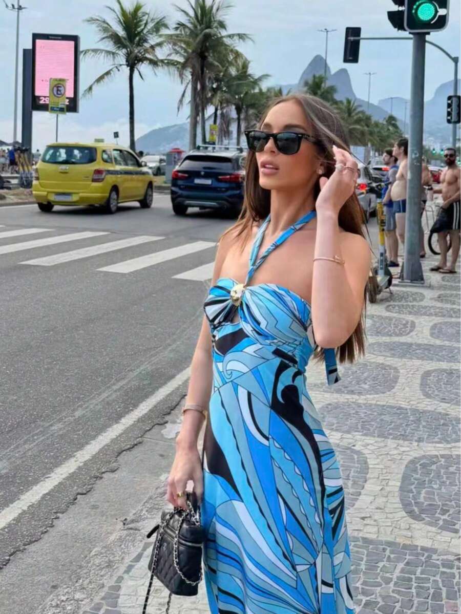 Women's Hollow-Out Metal Decor Halter Dress, Elegant Design Suitable For Vacation, Beach, Stage And Concert Party - Multicolor - View 1