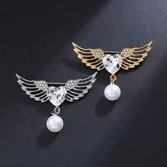 1件装女士天使翅膀和心形吊坠胸针，情人节百搭优雅配饰