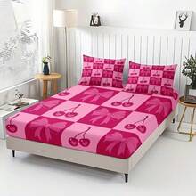 Pink Checkerboard Cherry & Bow Bedding Set (1 Fitted Sheet + 2 Pillowcases) - Cute Aesthetic - Multicolor - View 13