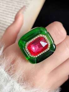 1枚复古树脂方形宽戒圈，镶嵌彩色水晶水钻 - 彩色 - 查看 9