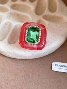 1枚复古树脂方形宽戒圈，镶嵌彩色水晶水钻 - 彩色 - 查看 12