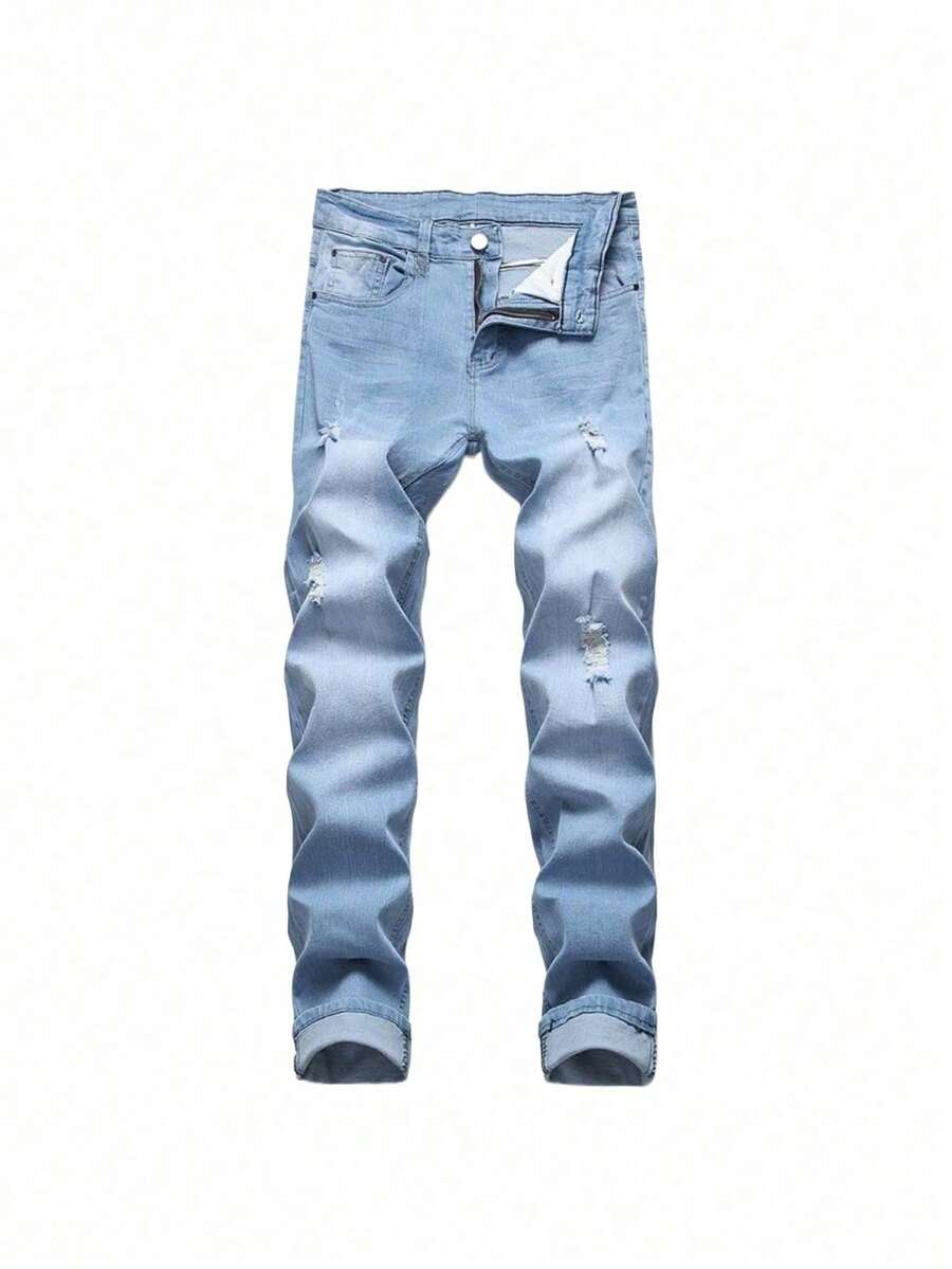 Jeans Men Púrpura 2025 Pantalones de Hombre Traje de calle Trendy Pantalones Denim Estrechados Rompidos Negro Ligeño Lavado Ajuste fino Cintura elástica Ajuste suelto Pantalones Casuales de gran tamaño para hombres Moda hip hop - Neblina azul - Ver 1