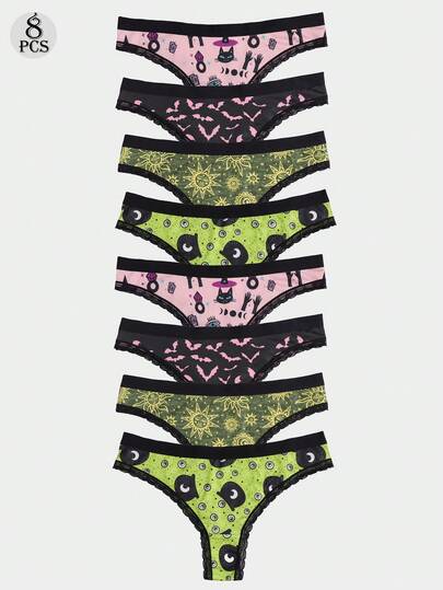 Dircho 8pcs Women's Playful Print Briefs Set & Cat Pattern & Bat & Sun DesignBlack Lace Trim & Soft Fabric & Mixed Color SchemeDaily Comfort Underwear & Charming Edgy Style