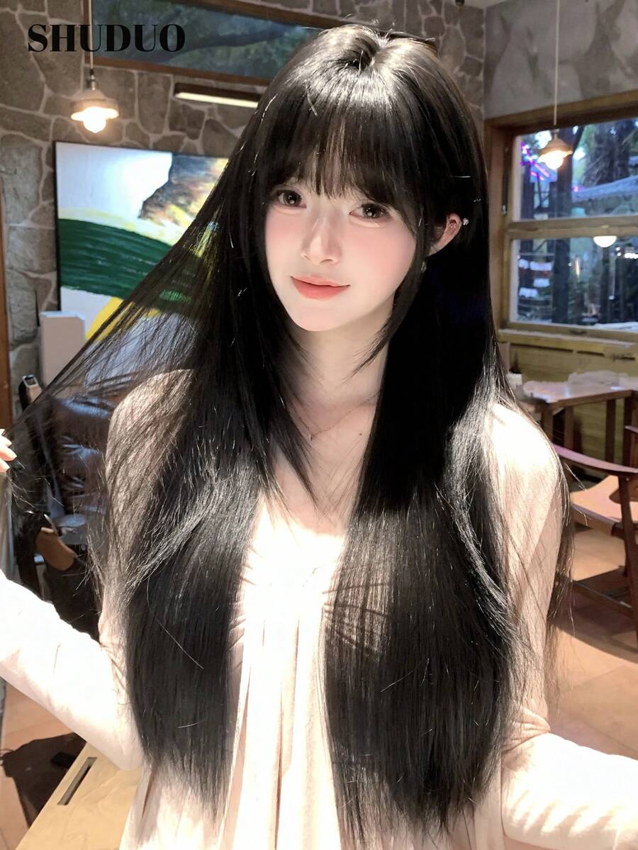 SHUDUO 1 件装黑色棕色合成耐热直发假发，采用纤维制成，适合日常佩戴，自然逼真（不含配件） - Dark Brown - 查看 1