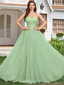 MIUSOL 亮片花卉蕾丝撞色网纱荷叶边下摆吊带长裙，优雅女士派对礼服，舞会礼服，婚礼宾客礼服，毕业典礼礼服，晚礼服 - 薄荷綠 - 查看 4