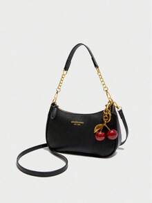1pc Women's Solid Color PU Shoulder Bag, Versatile Underarm Bag For Work Commute, Adjustable Strap Crossbody Bag, Comes With Large Cherry Pendant, New Fashion Classic Versatile PU Waterproof Fabric M Letter Pattern Shoulder Bag, Printed Design Metal Chain Decoration Design French Baguette Bag, Women's Shoulder Bag Suitable For Shopping. Commuting, Travel Use - 黑色 - 查看 3