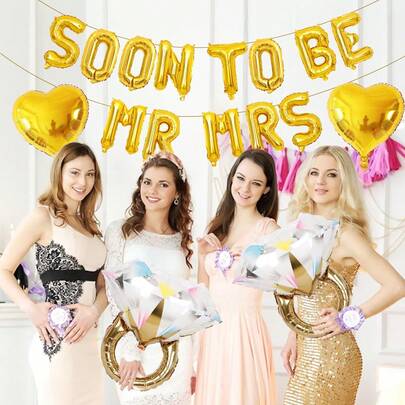 17pcs Engagement Party Decorations, Includes Mr & Mrs Balloon Banner, Heart Balloons, Ring Foil Balloons, Suitable For Gold Proposal, Wedding Rehearsal, Bridal Shower, Bachelorette Party Decor