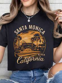 Santa Monica California Comfort Shirt,Women's Casual Santa Monica Beach California Graphic Print Black Cotton T-Shirt With Round Neck And Short Regular Sleeves - 黑色 - 查看 1